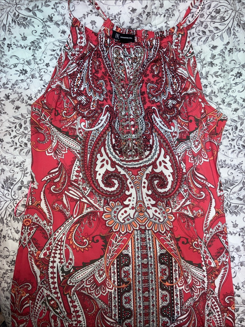INC International Concepts Red Paisley Beaded Halter Dress